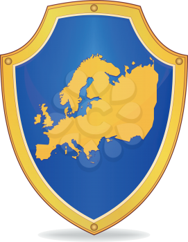 Illustration of a shield with the silhouette of Europe isolated on white background