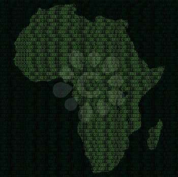Illustration of silhouette of Africa from binary digits on background of binary digits