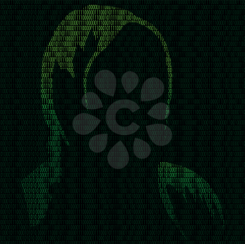 Illustration of silhouette of a hacker on a background of binary digits