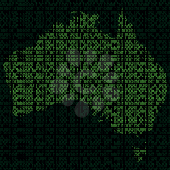 Illustration of silhouette of Australia from binary digits on background of binary digits