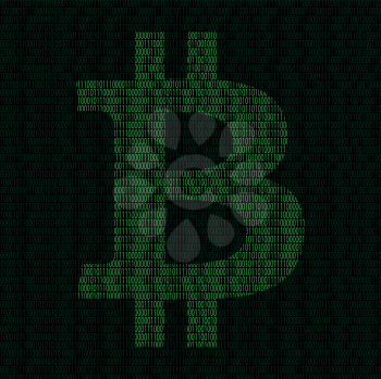 Illustration of silhouette of bitcoin symbol from binary digits