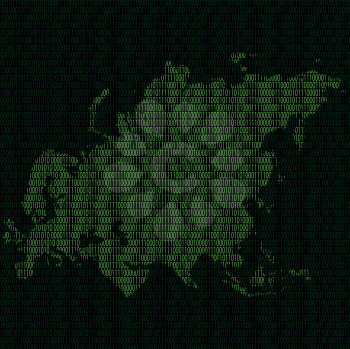 Illustration of silhouette of Eurasia from binary digits on background of binary digits