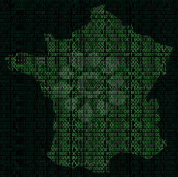 Illustration of silhouette of France from binary digits on background of binary digits