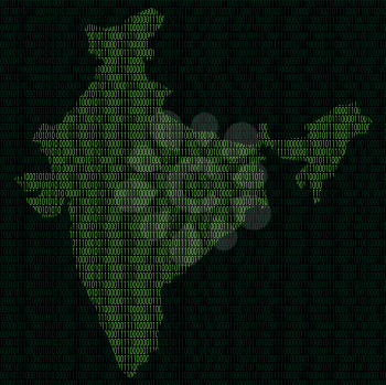 Illustration of silhouette of India from binary digits on background of binary digits