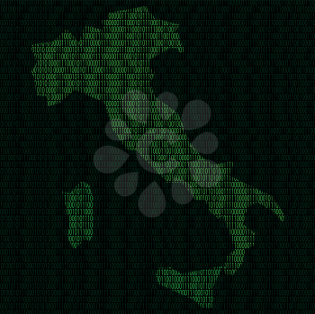 Illustration of silhouette of Italy from binary digits on background of binary digits