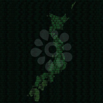 Illustration of silhouette of Japan from binary digits on background of binary digits