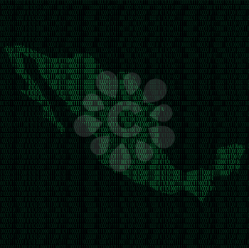 Illustration of silhouette of Mexico from binary digits on background of binary digits