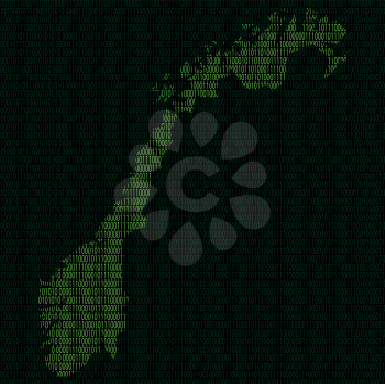 Illustration of silhouette of Norway from binary digits on background of binary digits