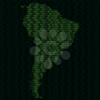 Illustration of silhouette of South America from binary digits on background of binary digits