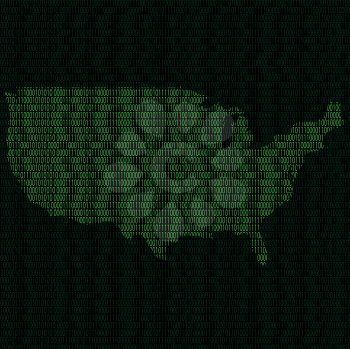 Illustration of silhouette of USA from binary digits on background of binary digits