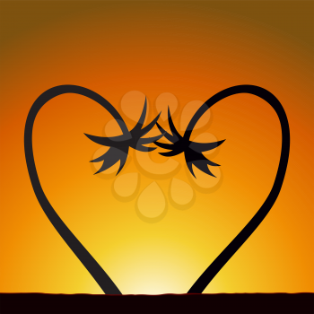 Illustration of a heart from two palm trees at sunset