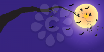 Illustration of silhouette of a tree branch and bats in the moonlight