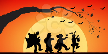 Illustration of mystical figures of creatures and bats against the backdrop of the setting sun and the silhouette of a tree branch on the eve of Halloween.