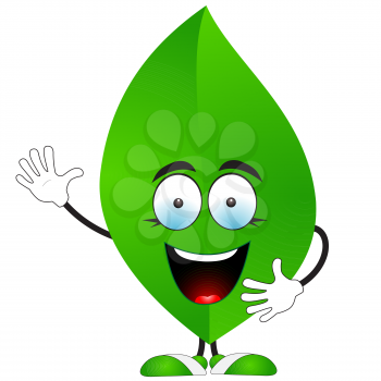 Illustration of a smiling green leaf says hello on a white background