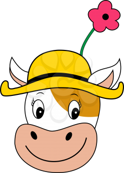 Illustration of a cow head with a flower on a yellow hat