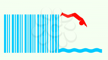 red man silhouette diving from bar code springboard. start up relative image