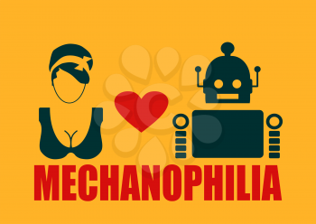 Human and robot relationships. Robotics industry relative image. Heart icon between robot and woman. Mechanophilia text