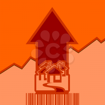 House icons and rise up arrow. Growth diagram and bar code. Relative for real estate business. Vector illustration