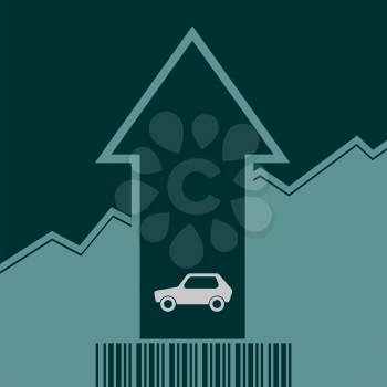 Car i icon and rise up arrow. Growth diagram and bar code. Vector illustration