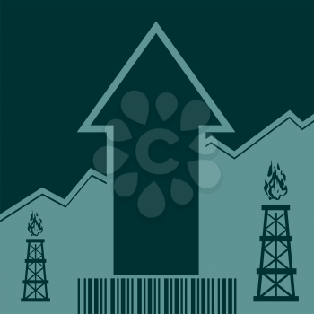 Gas rig icon and rise up arrow. Growth diagram and bar code. Vector illustration