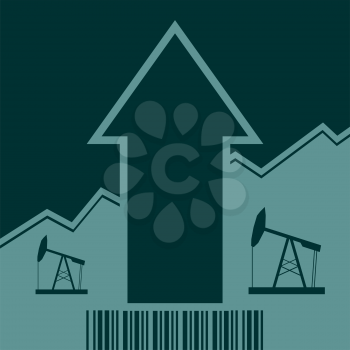 Oil pump icon and rise up arrow. Growth diagram and bar code. Vector illustration