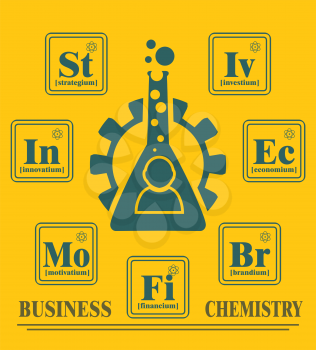 Business model metaphor. Fictional chemical elements around gear and businessman icon. Business chemistry