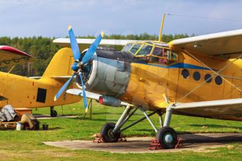 Aircraft standing on green grass in a clear sunny day. Two old yellow airplane in a retro style.