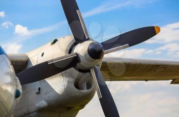 Propeller of old airplane close up. Shallow depth of field. Focus on the propeller.