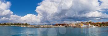 Nesebar, Bulgaria - September 06, 2013: Ships, boats and yachts in the port of the old town Nessebar on the bulgarian Black Sea coast. UNESCO world heritage site. Panoramic shot.