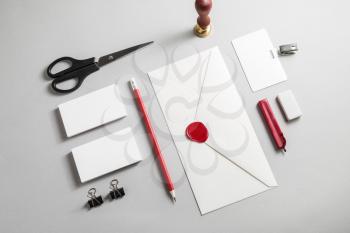 Blank stationery template for placing your design. Photo of blank corporate identity set. Top view.