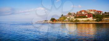 Nesebar, Bulgaria - September 05, 2014: Bulgarian Black Sea Coast. Panorama of the old town of Nesebar. Panoramic shot.