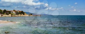 Panoramic picturesque seascape. Bulgarian Black Sea Coast. Panorama of the sea and old town of Nesebar.