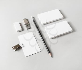 Photo of blank stationery set on paper background. Corporate identity template. Mock up for ID. Responsive design mockup.