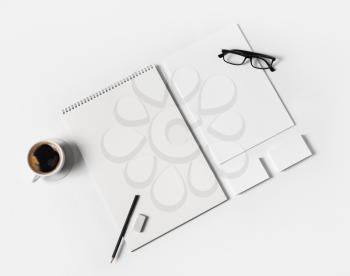 Blank stationery set on white paper background. Blank objects for placing your design. Top view. Flat lay.
