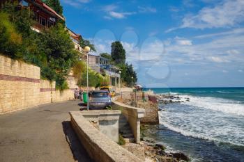 Nesebar, Bulgaria - August 31, 2014: Coastline in the old town of Nesebar at Black Sea, Bulgaria. Architectural and Historic Complex.