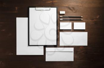 Corporate identity template. Blank stationery mock up on wooden background. Flat lay.