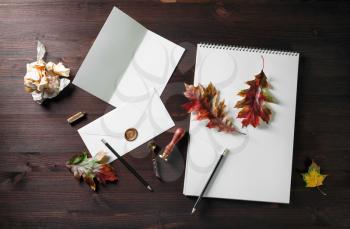 Vintage stationery and autumn leaves on dark wooden background. Responsive design mockup. Flat lay.