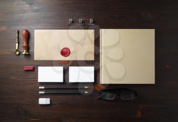Blank stationery mock-up. Template for branding identity on wooden background. Flat lay.