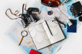 Photo of travel accessories. Top view of personal traveler's items. Flat lay.