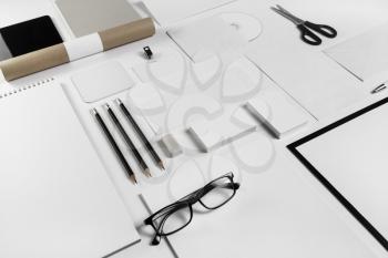 Photo of blank stationery set on paper background. Corporate ID template. Mockup for branding identity.
