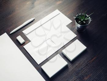 Photo of blank stationery set on wooden background. Business brand template. Branding mock up.
