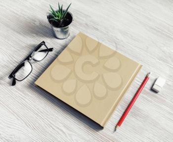 Photo of blank notepad, glasses, pencil, eraser and plant on light wood table background.