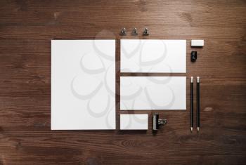 Blank stationery set on wooden background. Template for branding identity. For graphic designers portfolios. Flat lay.