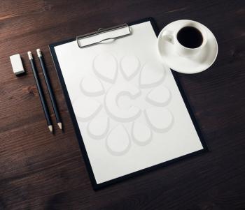 Blank business stationery mock-up on wooden background.