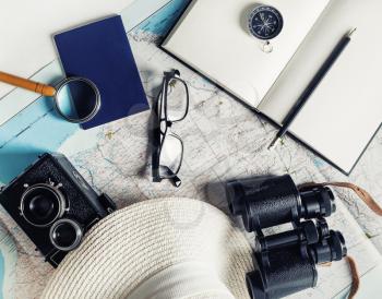 Traveler's accessories still life. Essential vacation items. Flat lay.