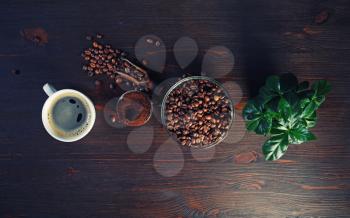 Photo of coffee Ingredients. Coffee cup, coffee beans, plant and ground powder on vintage wood table background. Top view. Flat lay.