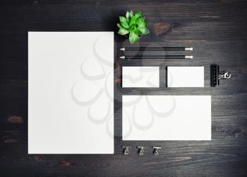 Blank stationery template on wooden background. Mock-up for branding identity. For design presentations and portfolios. Top view. Flat lay.