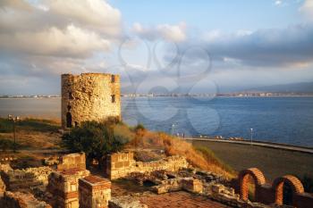 Nesebar, Bulgaria - September 05, 2014: Ancient byzantine tower in old town of Nessebar. Black sea coast.