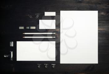 Blank stationery set on wood table background. Template for branding design. Branding mock up. Flat lay.