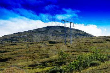 Power line in Norway mountain landscape background hd